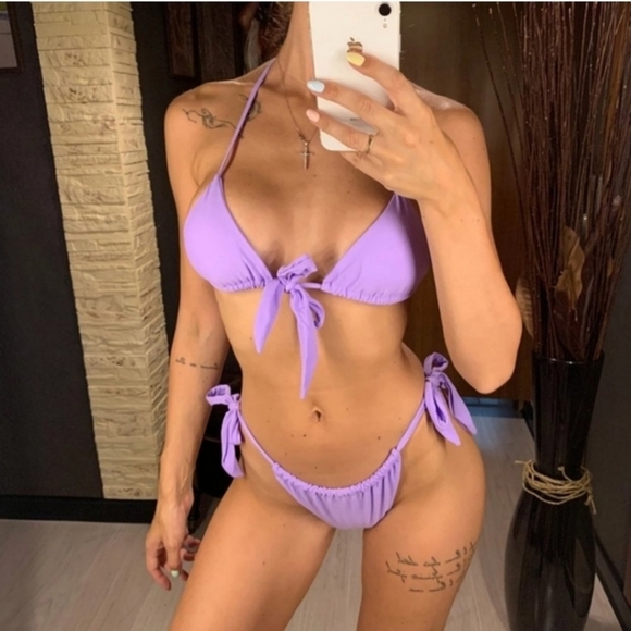 New Neon Slide Triangle Top and Slide Side Tie Bottom Bikini Set Swimsuit Size L - Picture 1 of 7